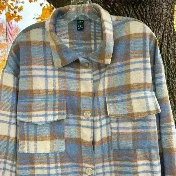 Blue White Brown Plaid Button Down Long Sleeve Tops Womens Size Medium - Picture 2 of 9